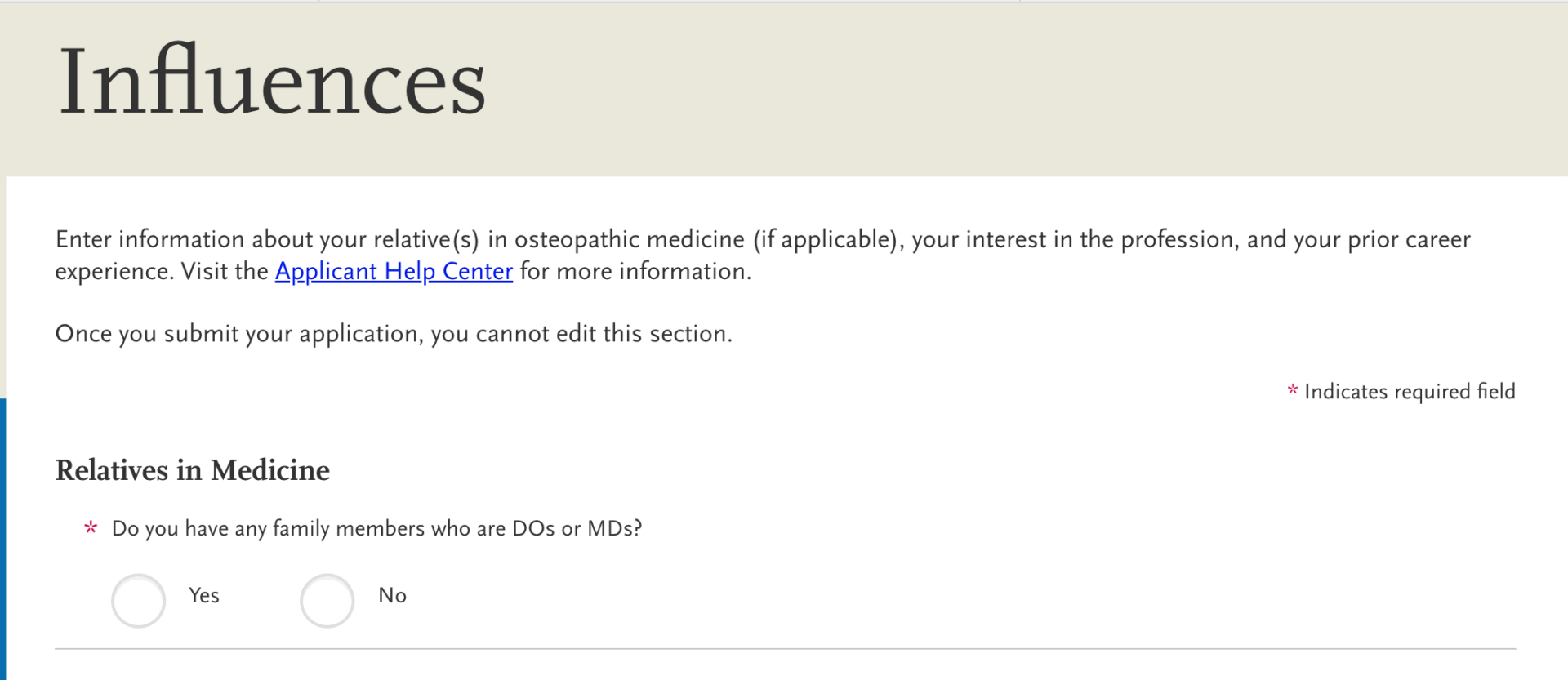 screenshot of AACOMAS application for DO applicants, influences fields