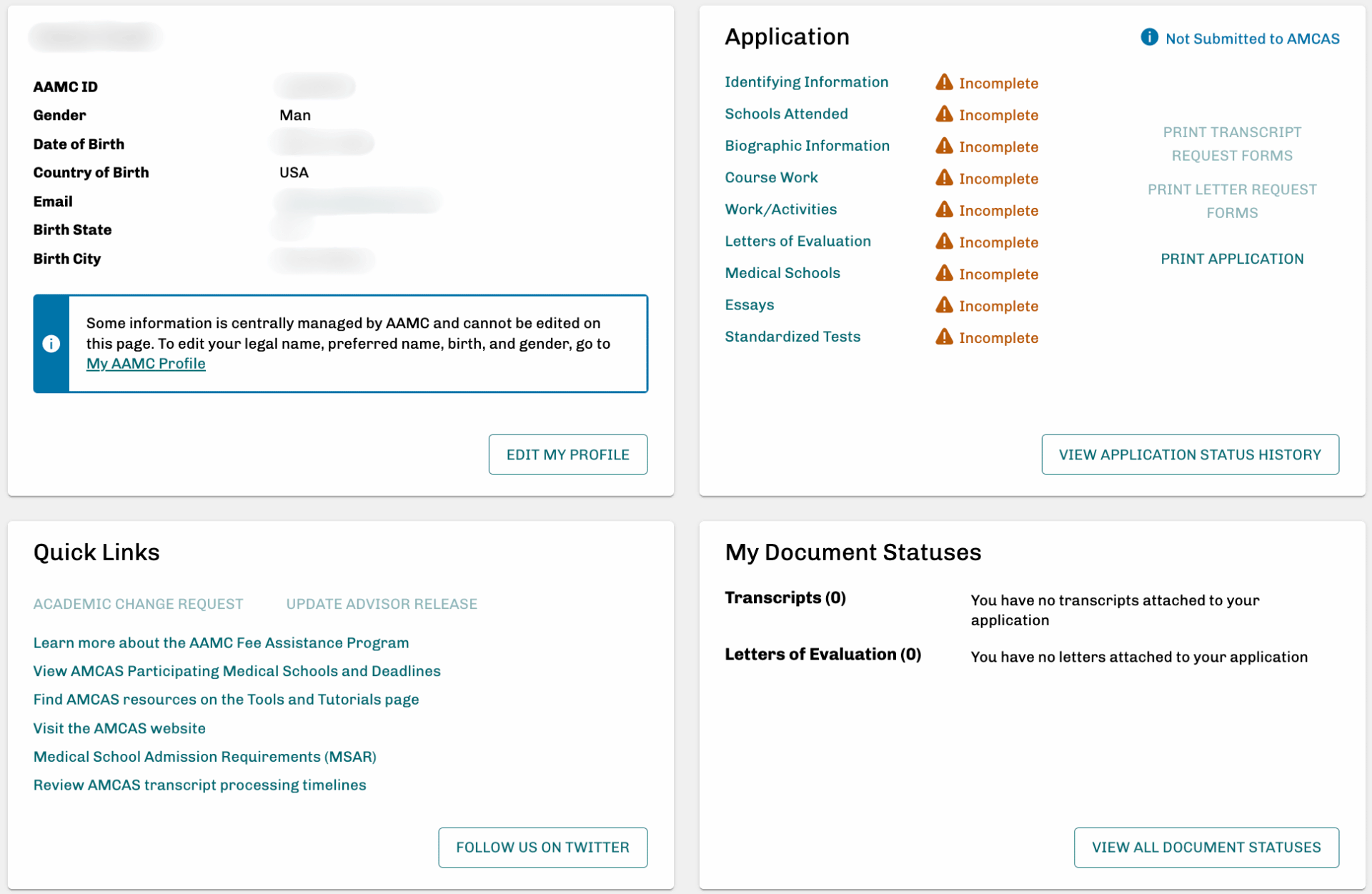 AMCAS 2024/25 application main menu before filling out