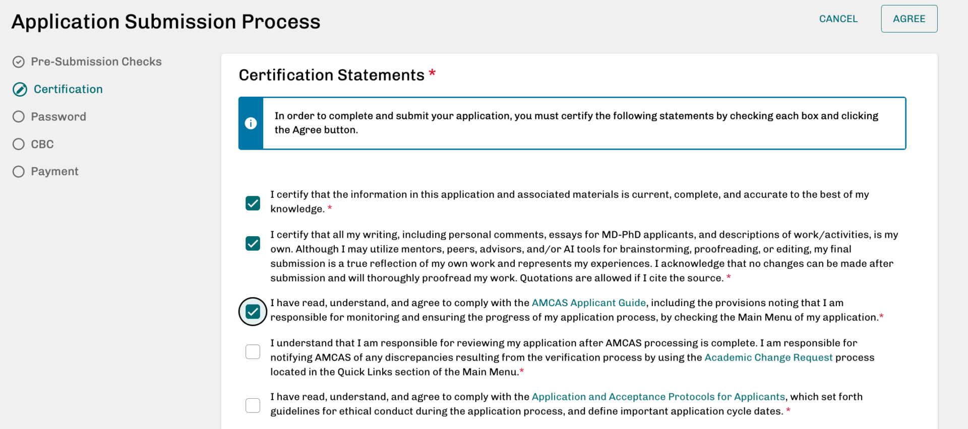 certification statements amcas 2024/25 screenshot