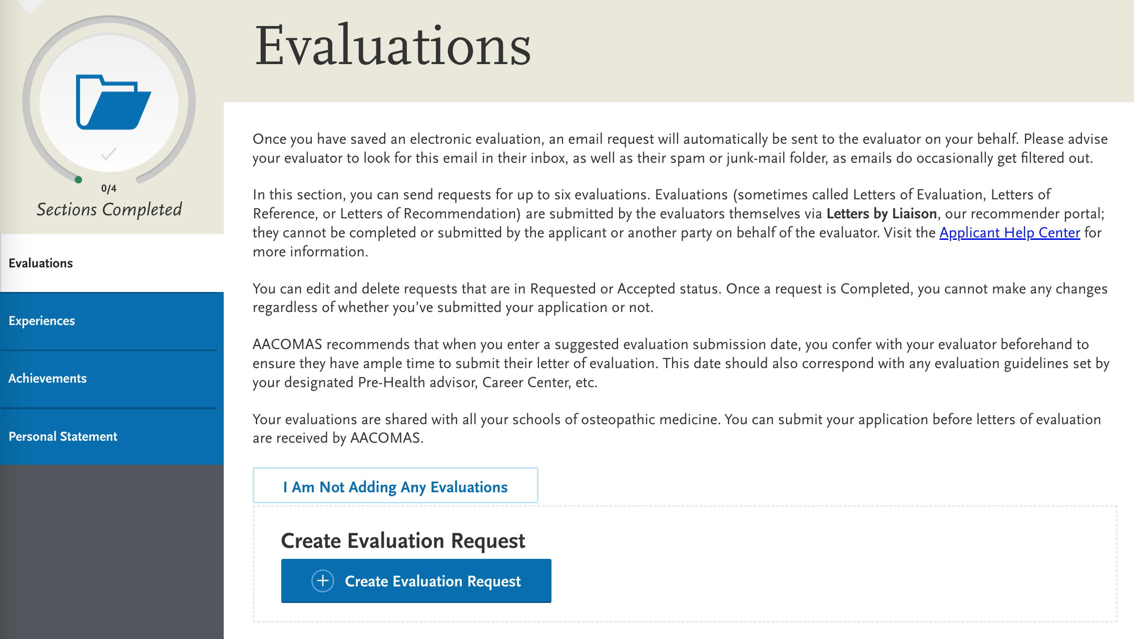 screenshot of AACOMAS application for DO applicants, evaluations fields