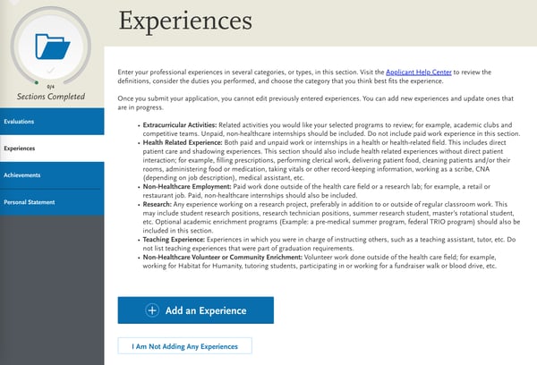 screenshot of AACOMAS application for DO applicants, experiences fields