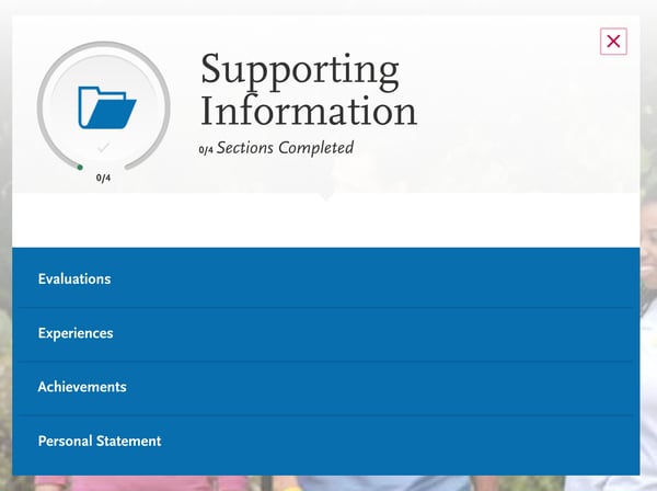 screenshot of AACOMAS application for DO applicants, supporting information 4 sections