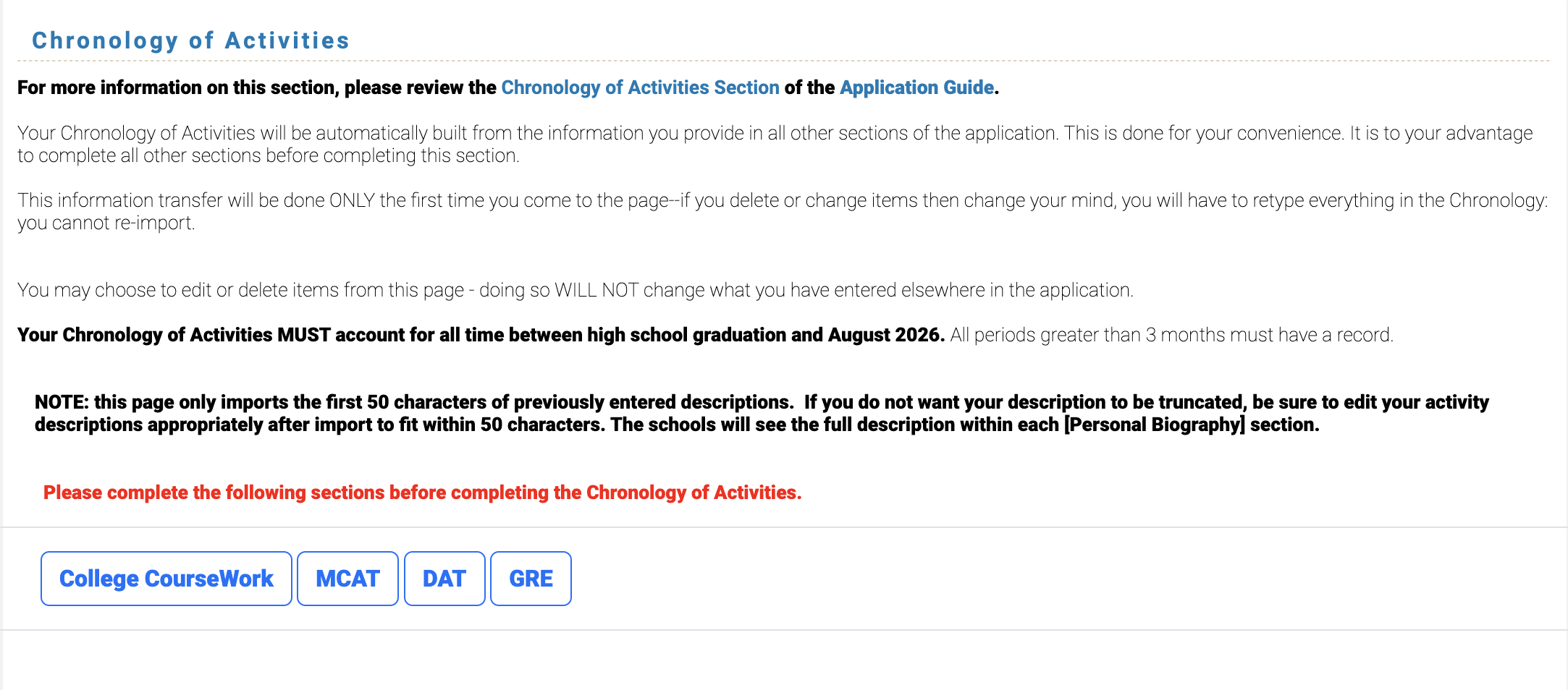 TMDSAS Application Guide - Chronology of Activities