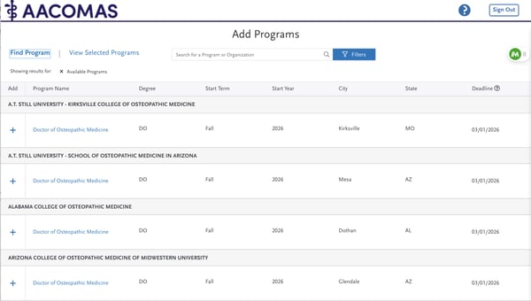 screenshot of AACOMAS application for DO applicants, add programs tool