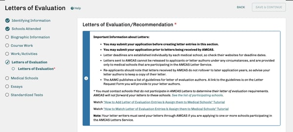 2024/25 AMCAS letters of evaluation fields screenshot