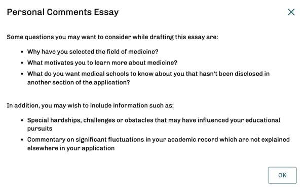 AMCAS 2024/25 application personal comments essay more information screenshot