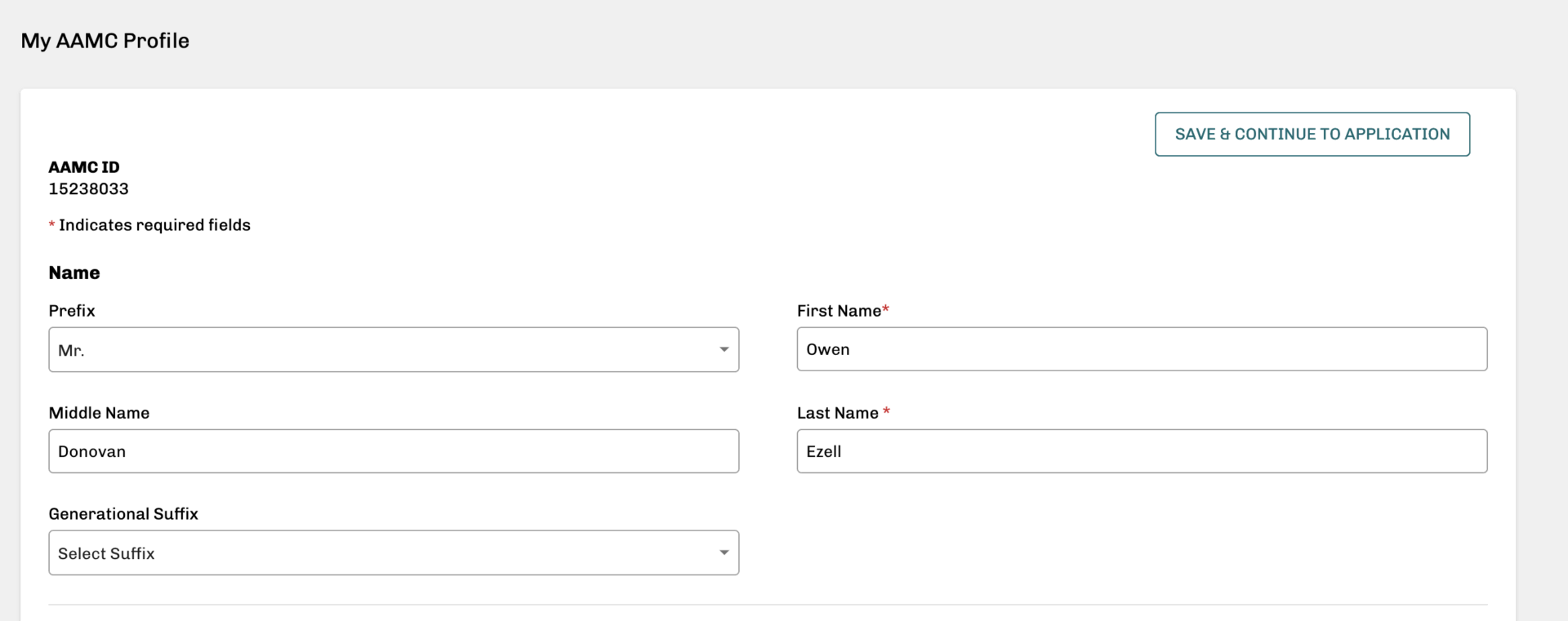 AMCAS 2024/25 application name fields screenshot