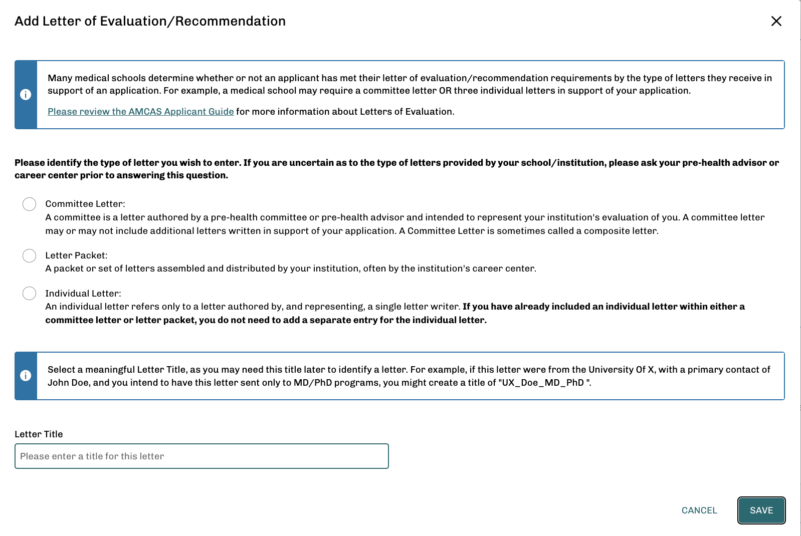 AMCAS 2024/25 letters of evaluation fields screenshot