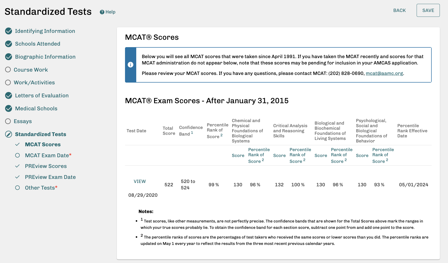 AMCAS 2024/25 application standardized test mcat scores screenshot