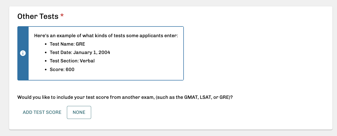 AMCAS 2024/25 application standardized test other tests screenshot